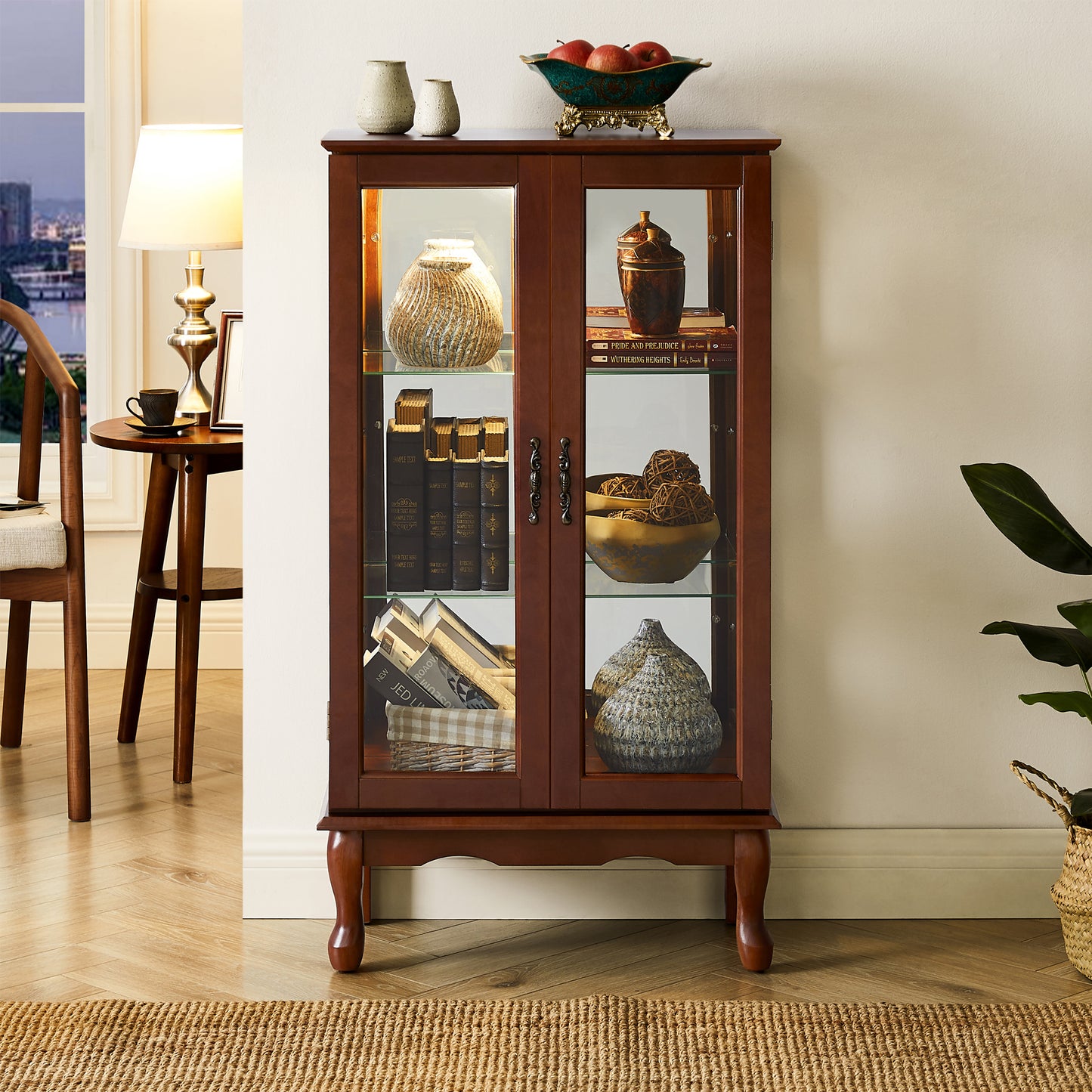 Curio Cabinet Lighted Curio Diapaly Cabinet with Adjustable Shelves and Mirrored Back Panel, Tempered Glass Doors (Walnut, 3 Tier), (E26 light bulb not included)