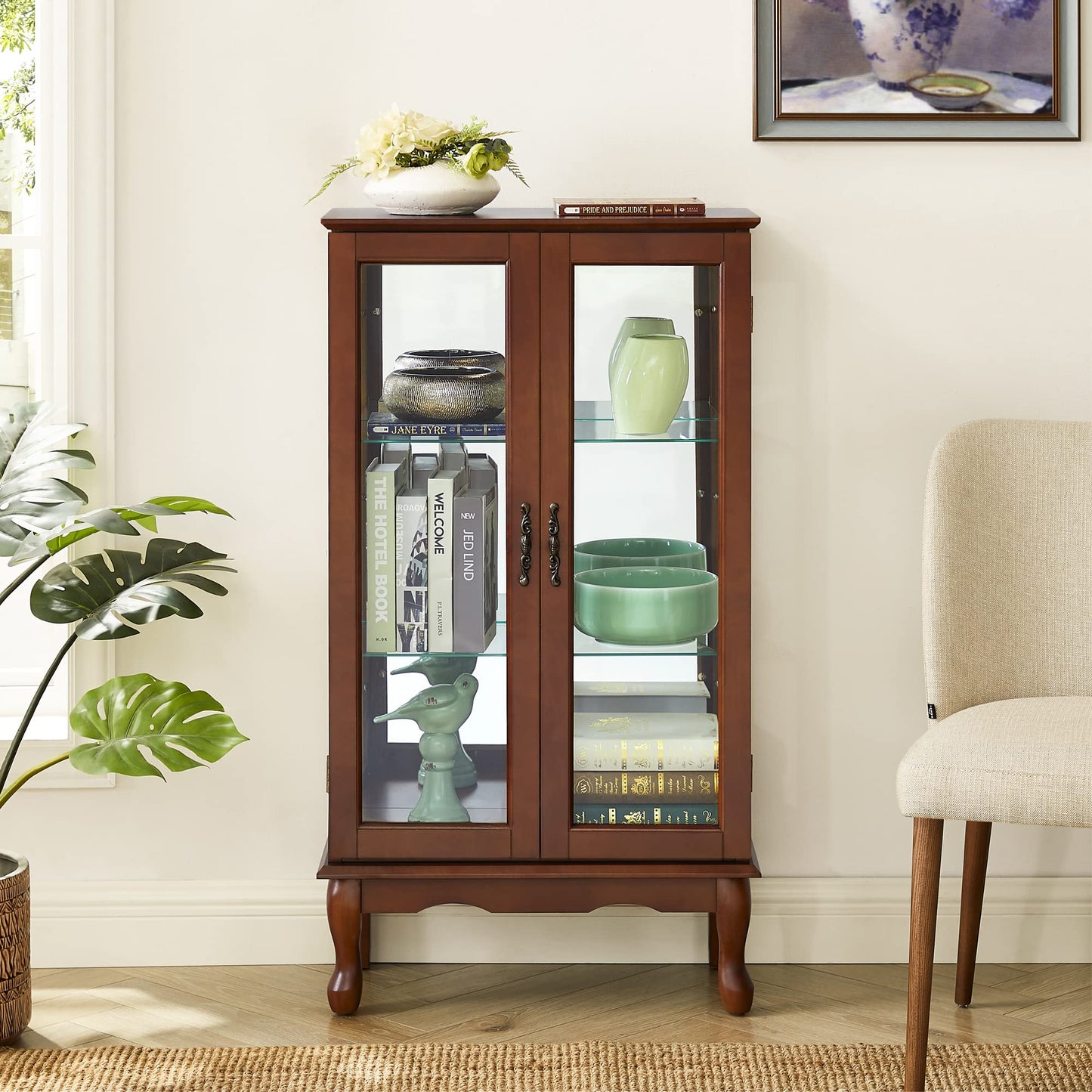 Curio Cabinet Lighted Curio Diapaly Cabinet with Adjustable Shelves and Mirrored Back Panel, Tempered Glass Doors (Walnut, 3 Tier), (E26 light bulb not included)