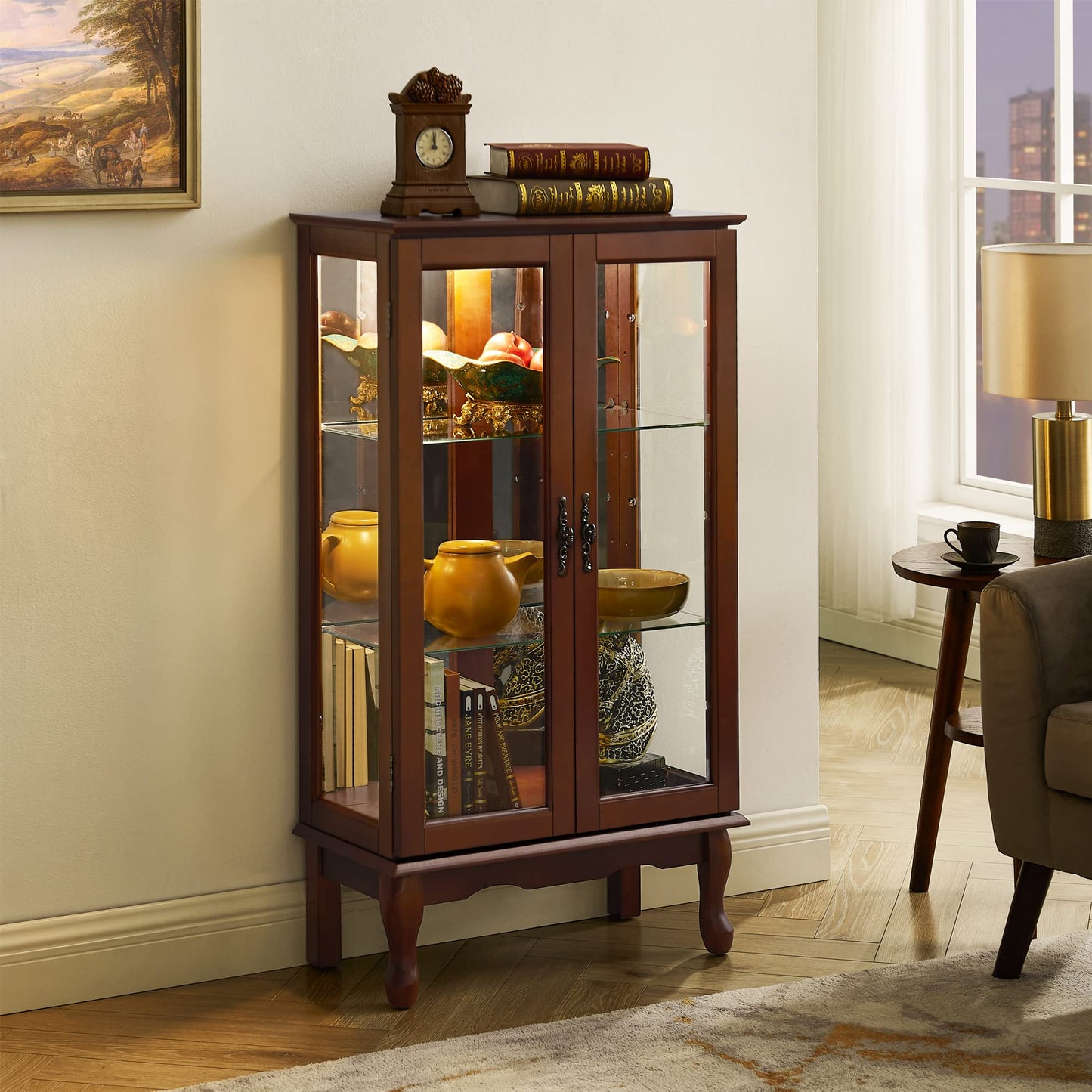 Curio Cabinet Lighted Curio Diapaly Cabinet with Adjustable Shelves and Mirrored Back Panel, Tempered Glass Doors (Walnut, 3 Tier), (E26 light bulb not included)