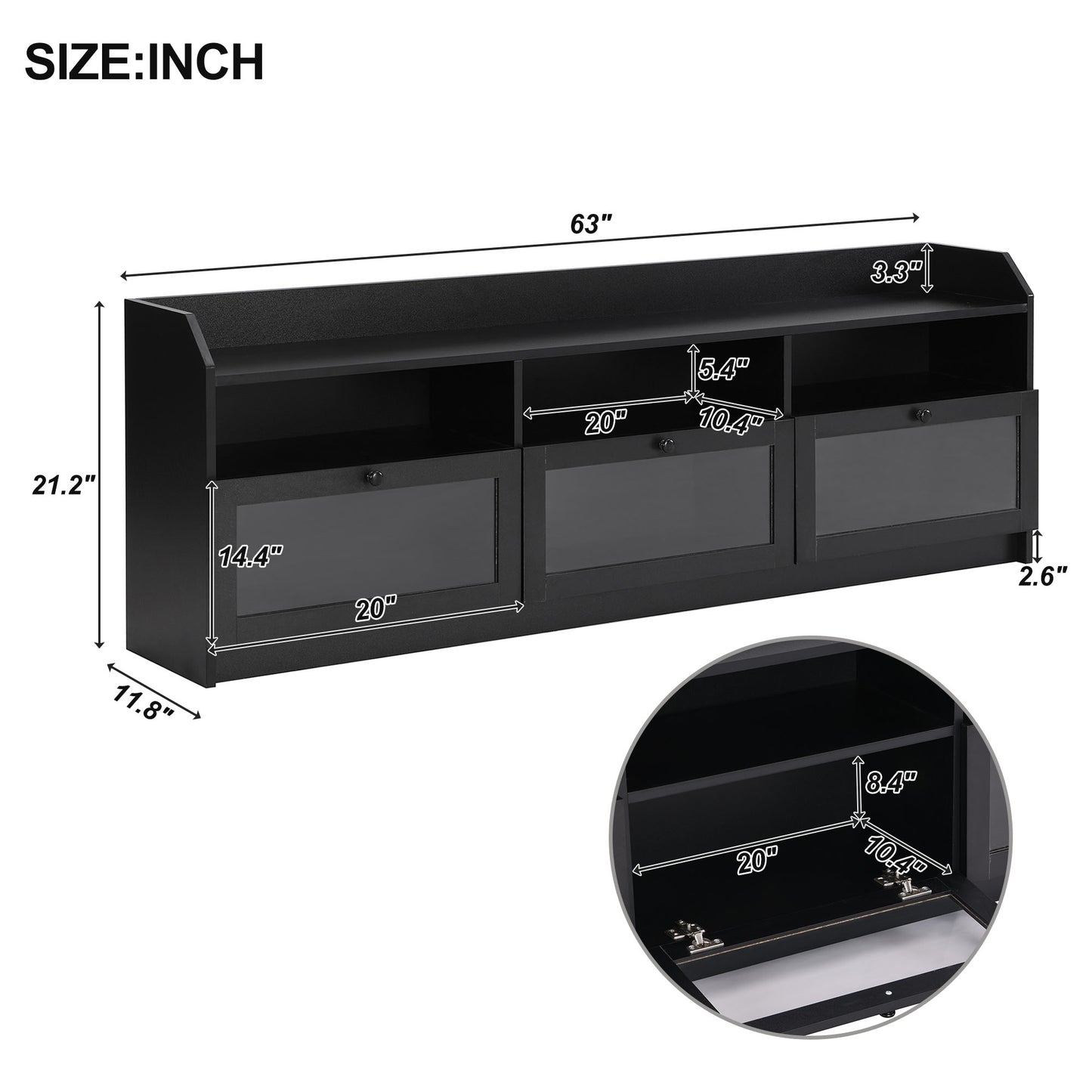 （缺货）ON-TREND Sleek & Modern Design TV Stand with Acrylic Board Door, Chic Elegant Media Console for TVs Up to 65", Ample Storage Space TV Cabinet with Black Handles, Black