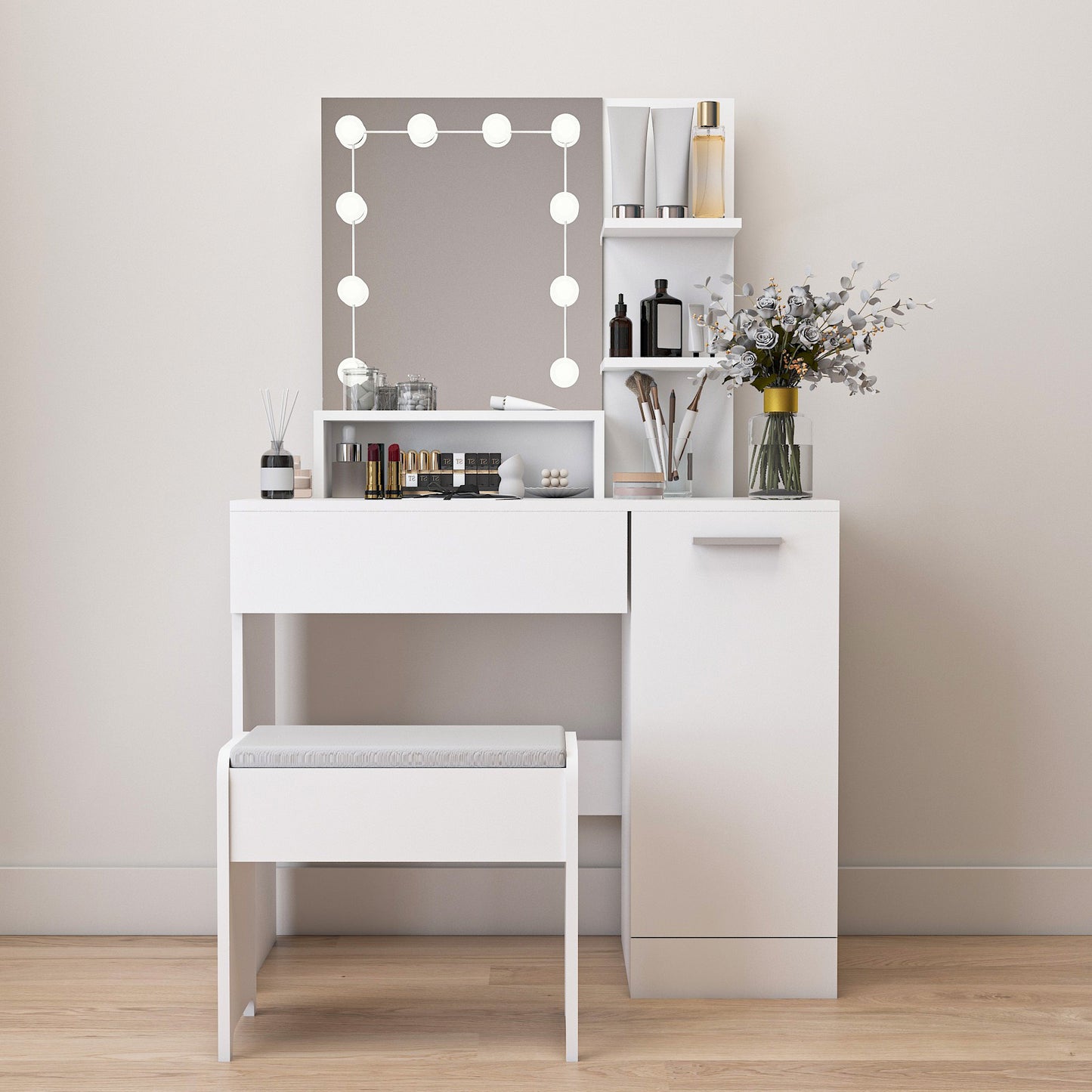 （缺货）Makeup Vanity Table Set with Drawer and Storage Cabinet, Dressing Table with Vanity Cushioned Stool for Bedroom, Makeup Room