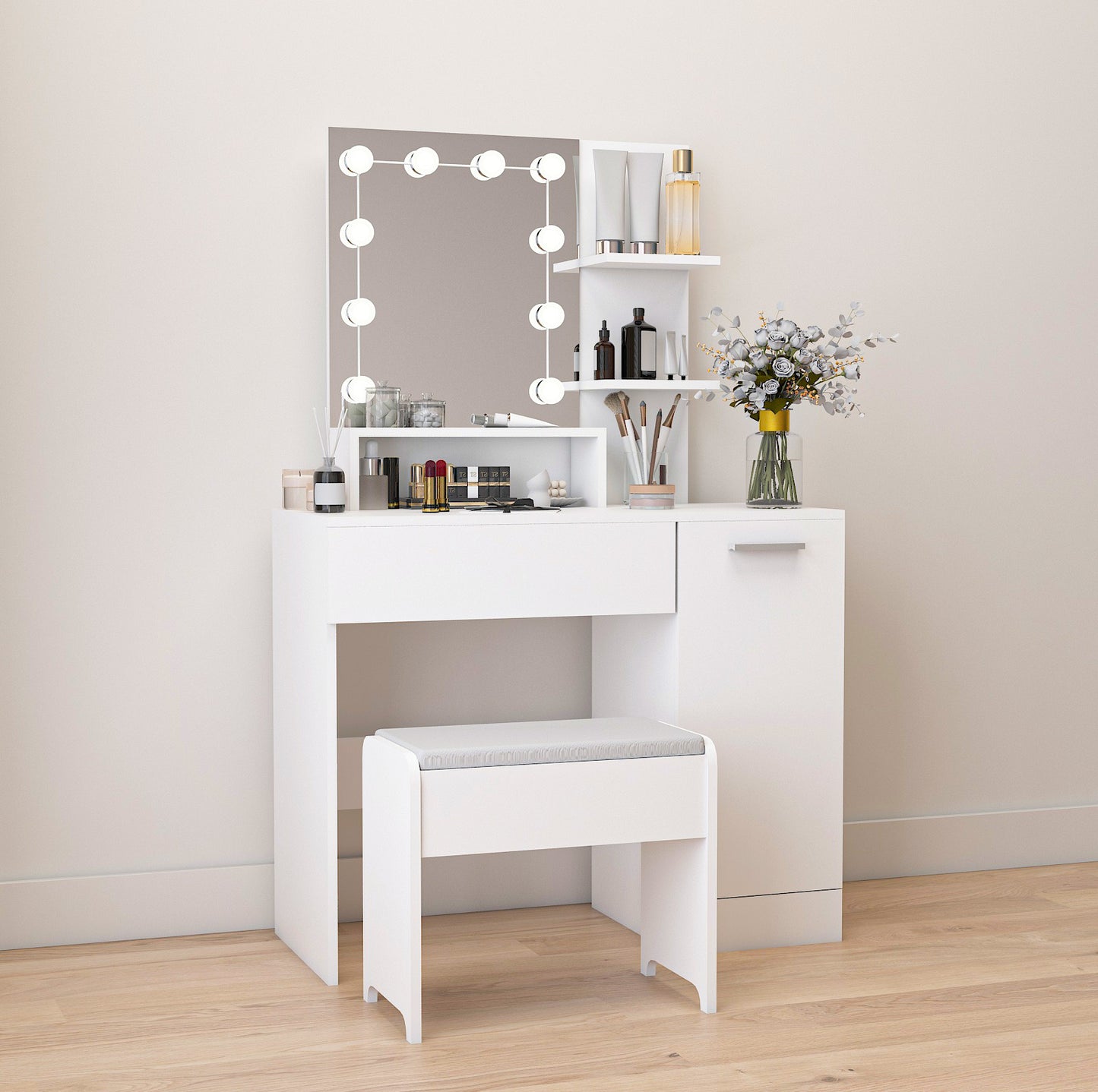 （缺货）Makeup Vanity Table Set with Drawer and Storage Cabinet, Dressing Table with Vanity Cushioned Stool for Bedroom, Makeup Room