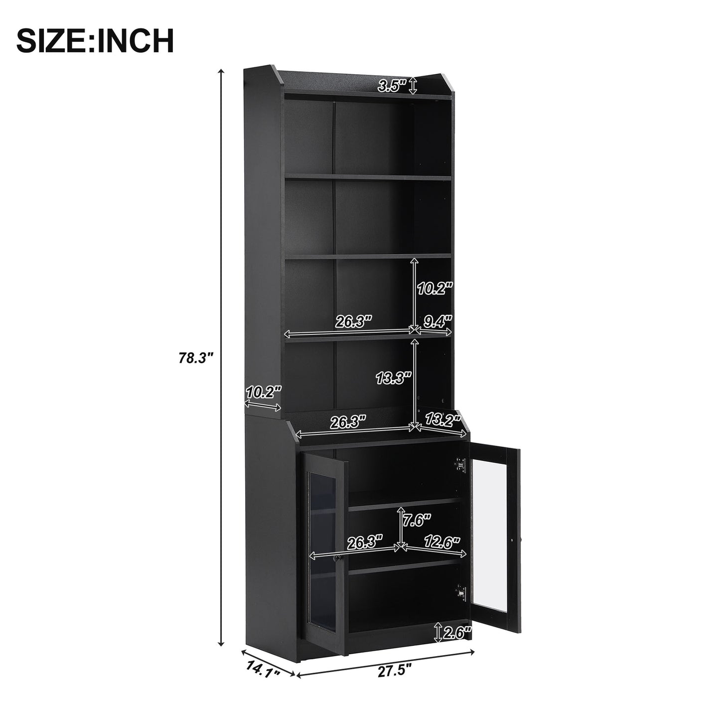 ON-TREND Elegant Tall Cabinet with Acrylic Board Door, Versatile Sideboard with Graceful Curves, Contemporary Bookshelf with Adjustable Shelves for Living Room, Black