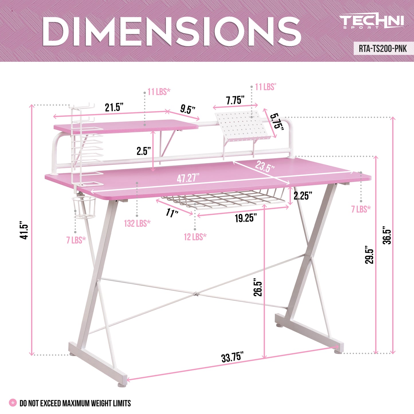 Techni Sport TS-200 Carbon Computer Gaming Desk with Shelving, Pink