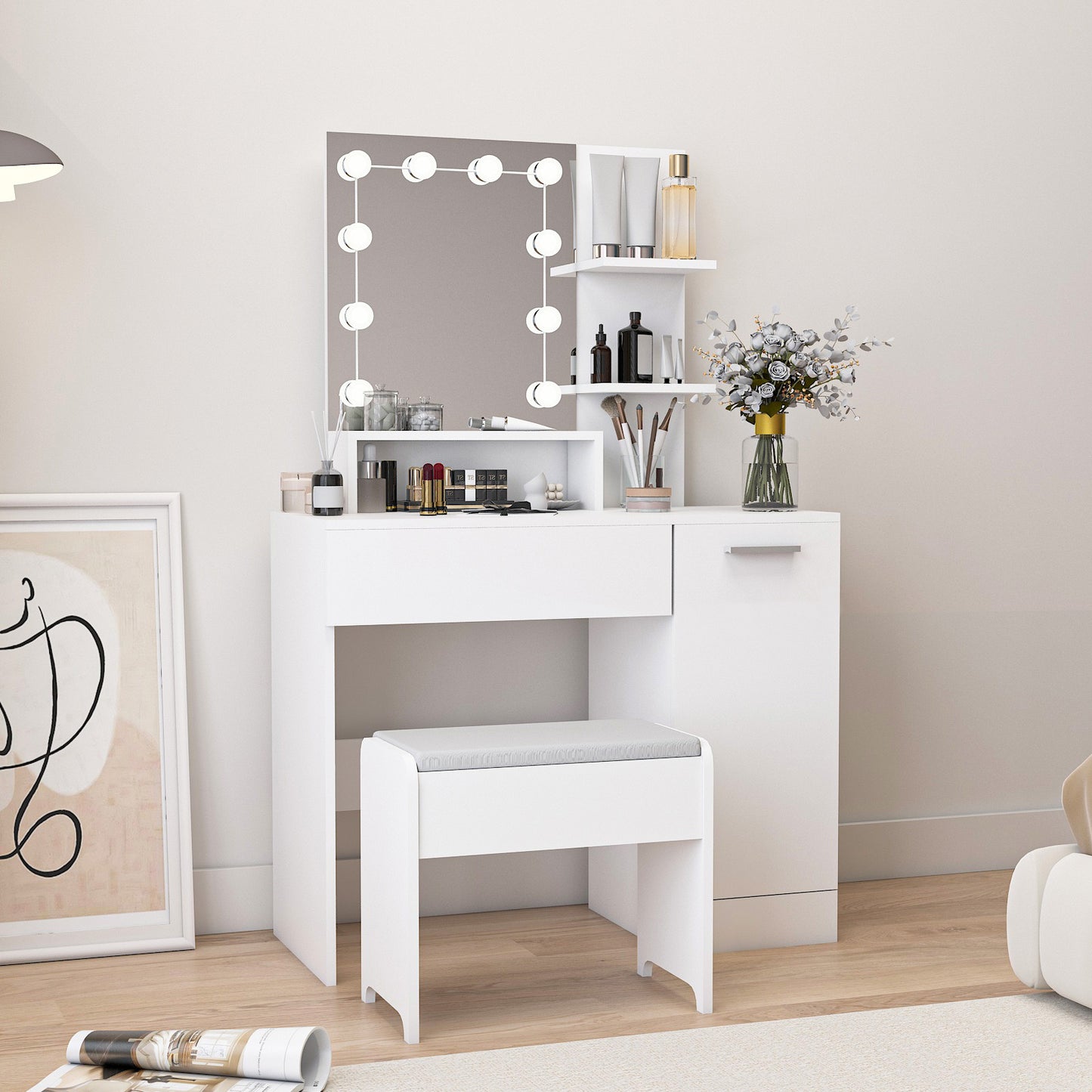 （缺货）Makeup Vanity Table Set with Drawer and Storage Cabinet, Dressing Table with Vanity Cushioned Stool for Bedroom, Makeup Room