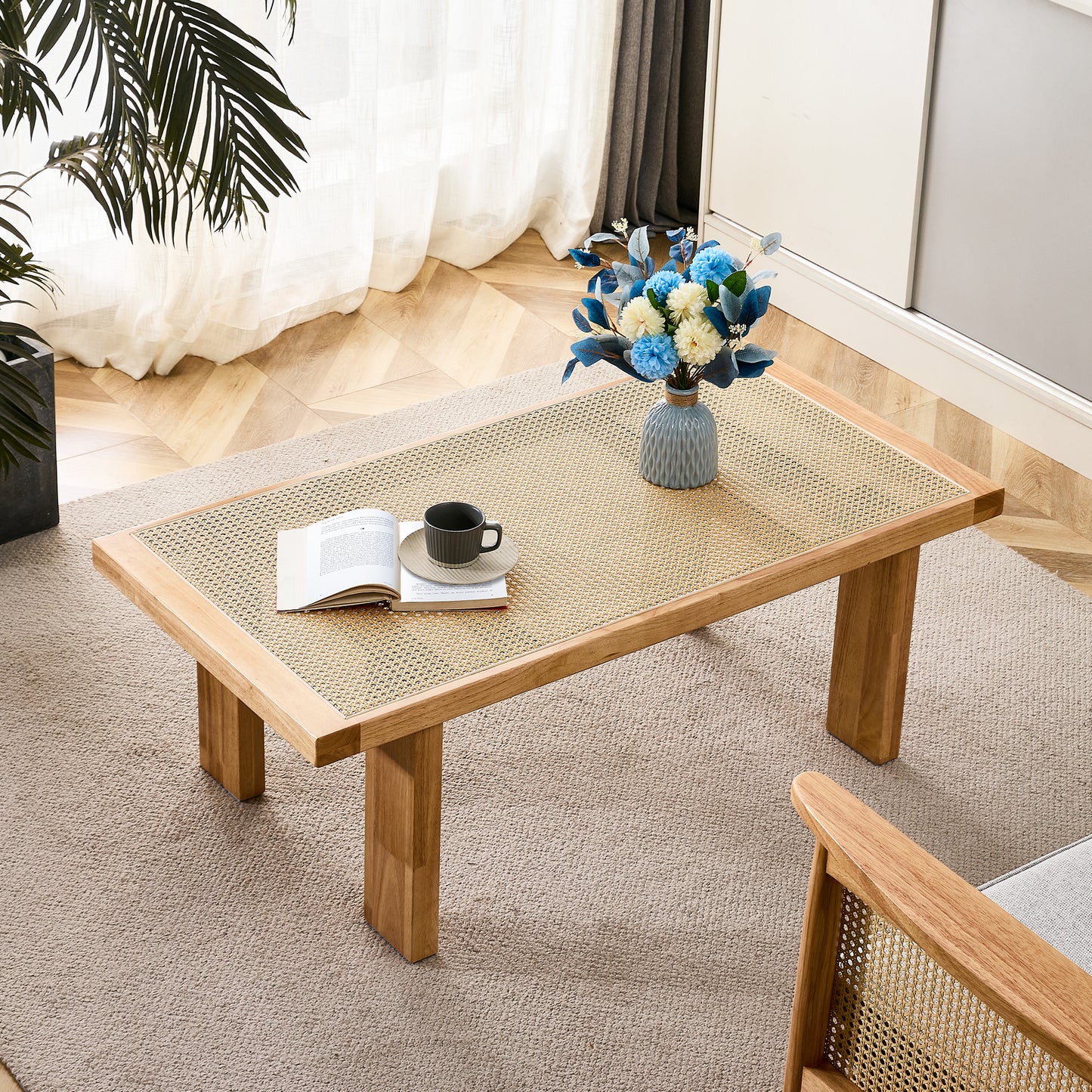 Modern and minimalist rectangular rattan tabletop with rubber wooden legs, imitation rattan woven Chinese side table, suitable for small rectangular tables in living rooms, dining rooms, and bedrooms