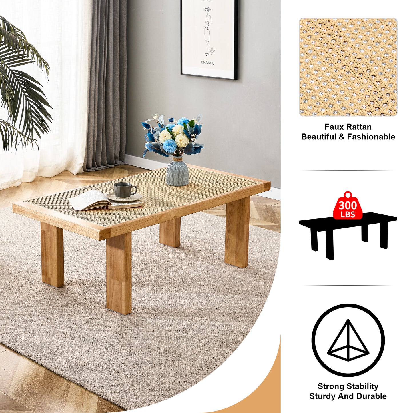 Modern and minimalist rectangular rattan tabletop with rubber wooden legs, imitation rattan woven Chinese side table, suitable for small rectangular tables in living rooms, dining rooms, and bedrooms