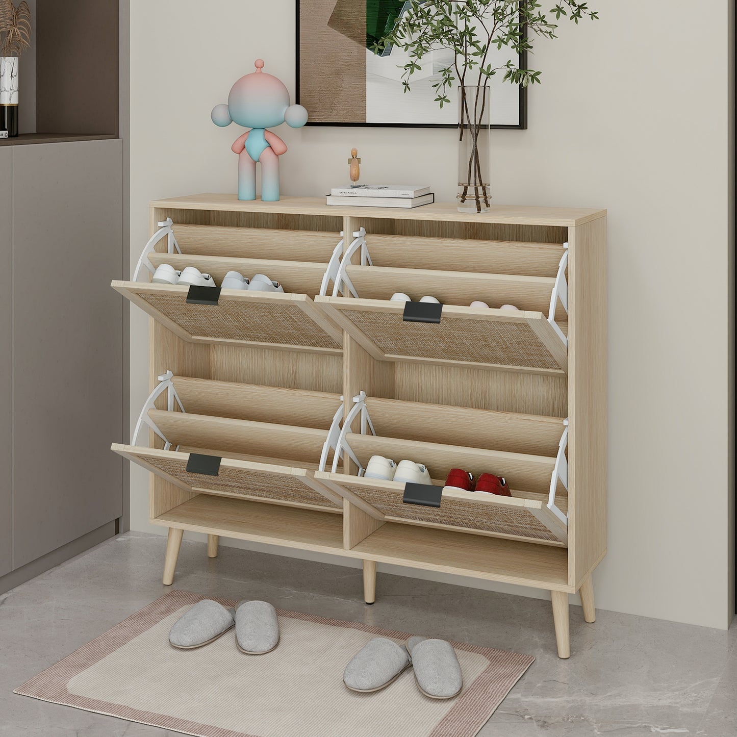 Natural Rattan 4 Door Shoe Rack, Freestanding Modern Shoe Storage Cabinet, for Entryway