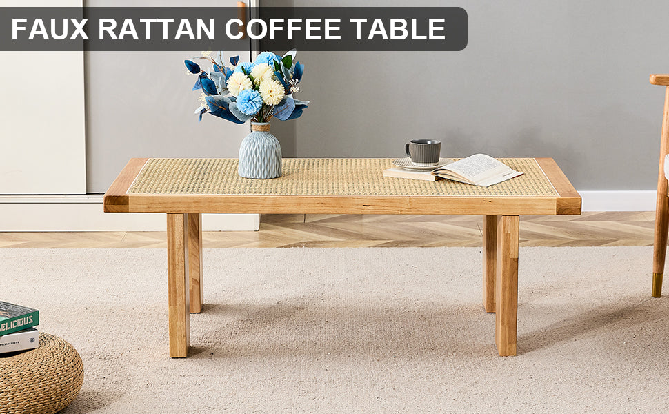 Modern and minimalist rectangular rattan tabletop with rubber wooden legs, imitation rattan woven Chinese side table, suitable for small rectangular tables in living rooms, dining rooms, and bedrooms