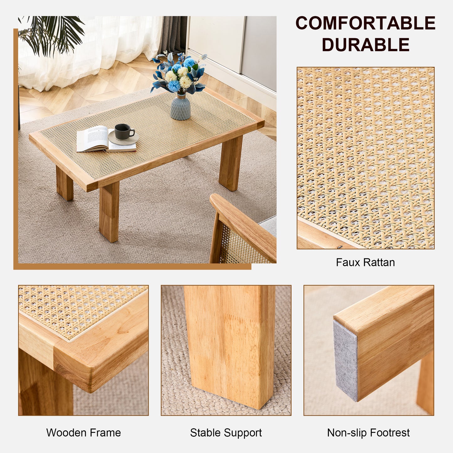 Modern and minimalist rectangular rattan tabletop with rubber wooden legs, imitation rattan woven Chinese side table, suitable for small rectangular tables in living rooms, dining rooms, and bedrooms