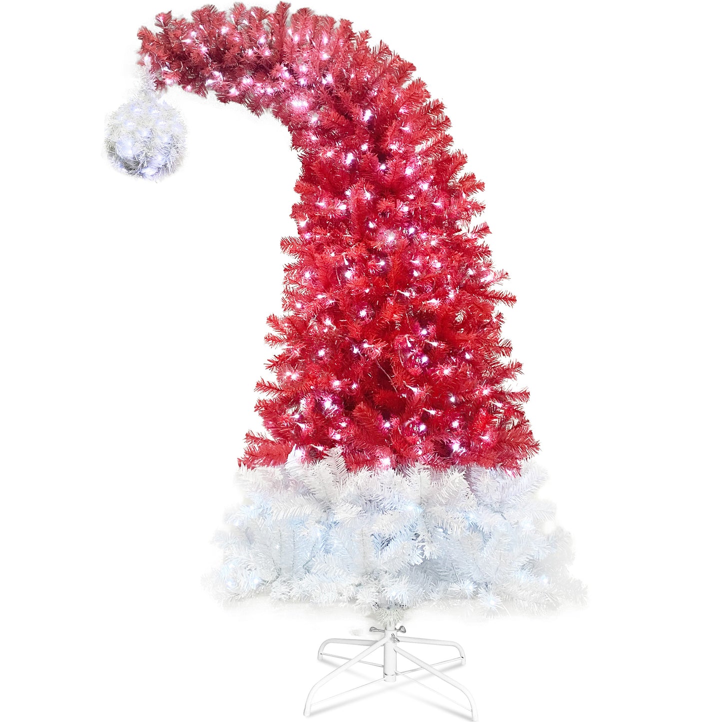 6FT Hinged Fir Artificial Fir Bent Top Christmas Tree, Xmas Tree Bendable Santa Hat Style Christmas Tree Holiday Decoration,1250 Lush Branch Tips, 300 LED Lights X-mas