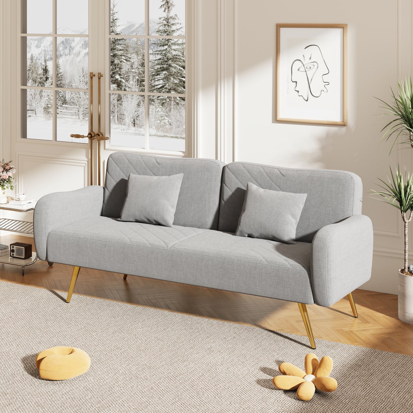 70.47" Gray Fabric Double Sofa with Split Backrest and Two Throw Pillows,Suitable for living room, apartment, home office