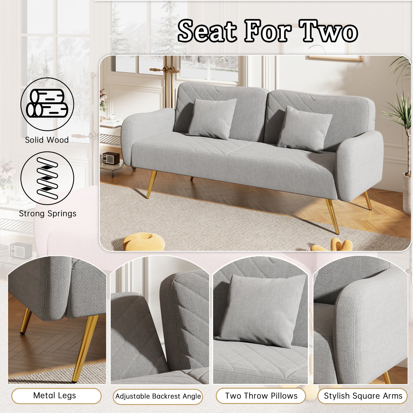 70.47" Gray Fabric Double Sofa with Split Backrest and Two Throw Pillows,Suitable for living room, apartment, home office