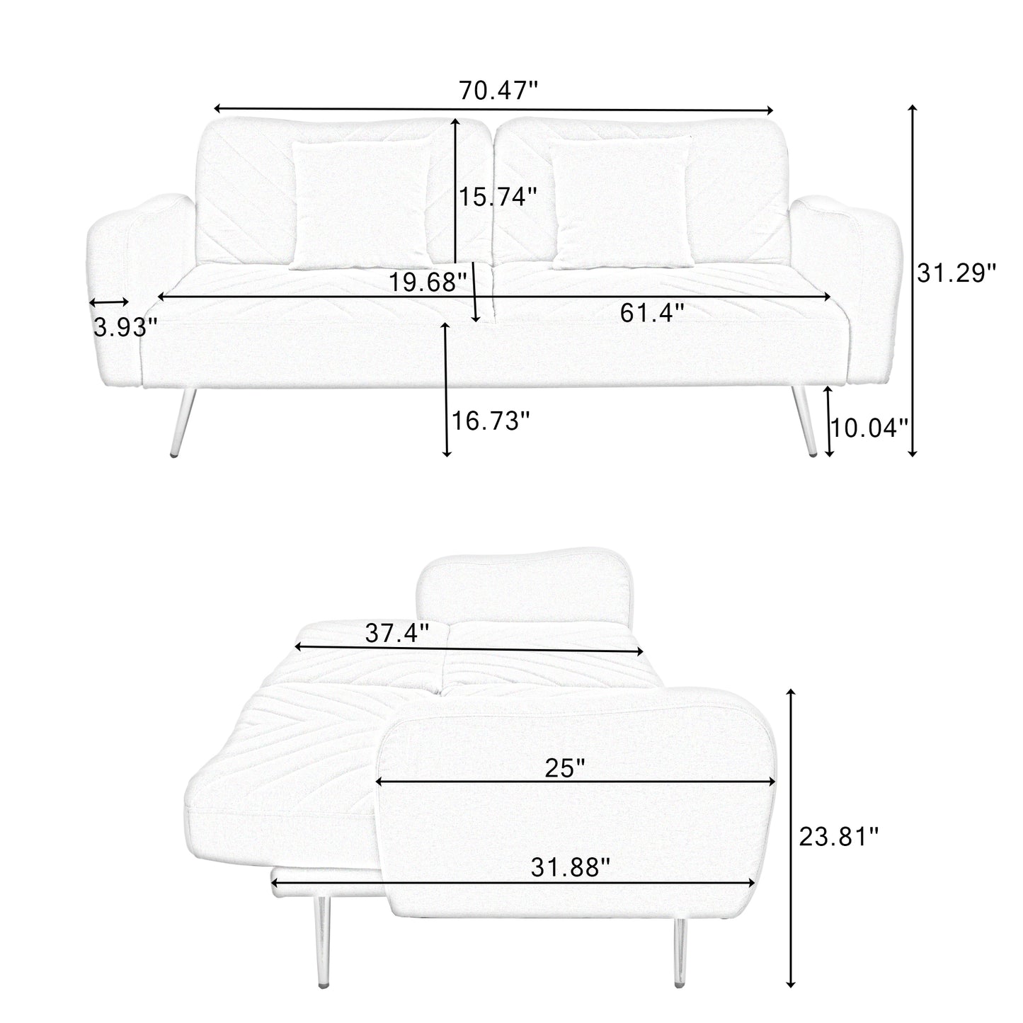 70.47" Gray Fabric Double Sofa with Split Backrest and Two Throw Pillows,Suitable for living room, apartment, home office