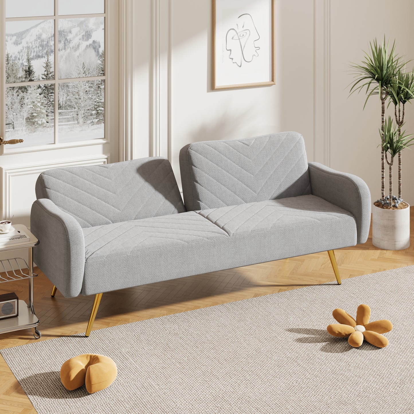 70.47" Gray Fabric Double Sofa with Split Backrest and Two Throw Pillows,Suitable for living room, apartment, home office