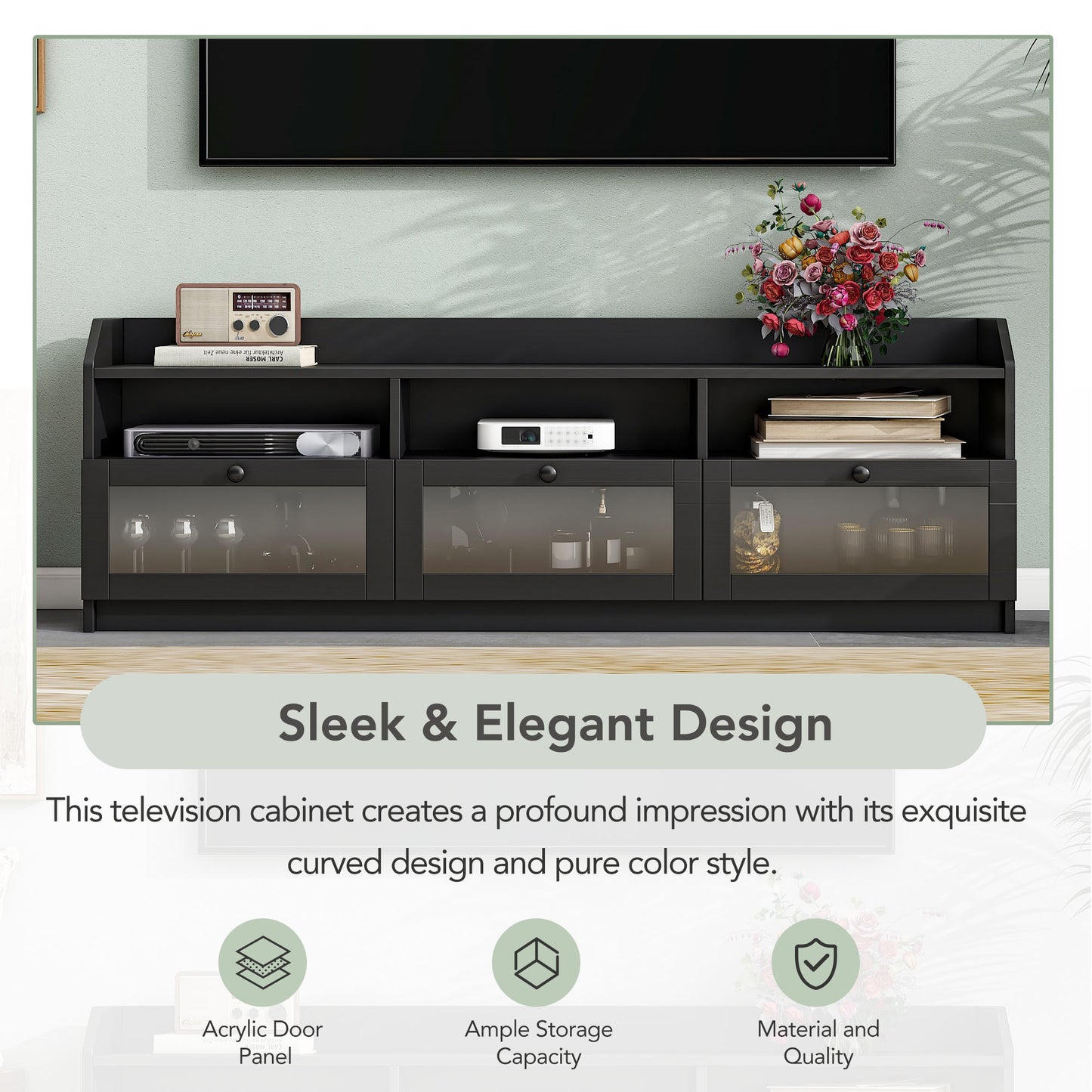 （缺货）ON-TREND Sleek & Modern Design TV Stand with Acrylic Board Door, Chic Elegant Media Console for TVs Up to 65", Ample Storage Space TV Cabinet with Black Handles, Black