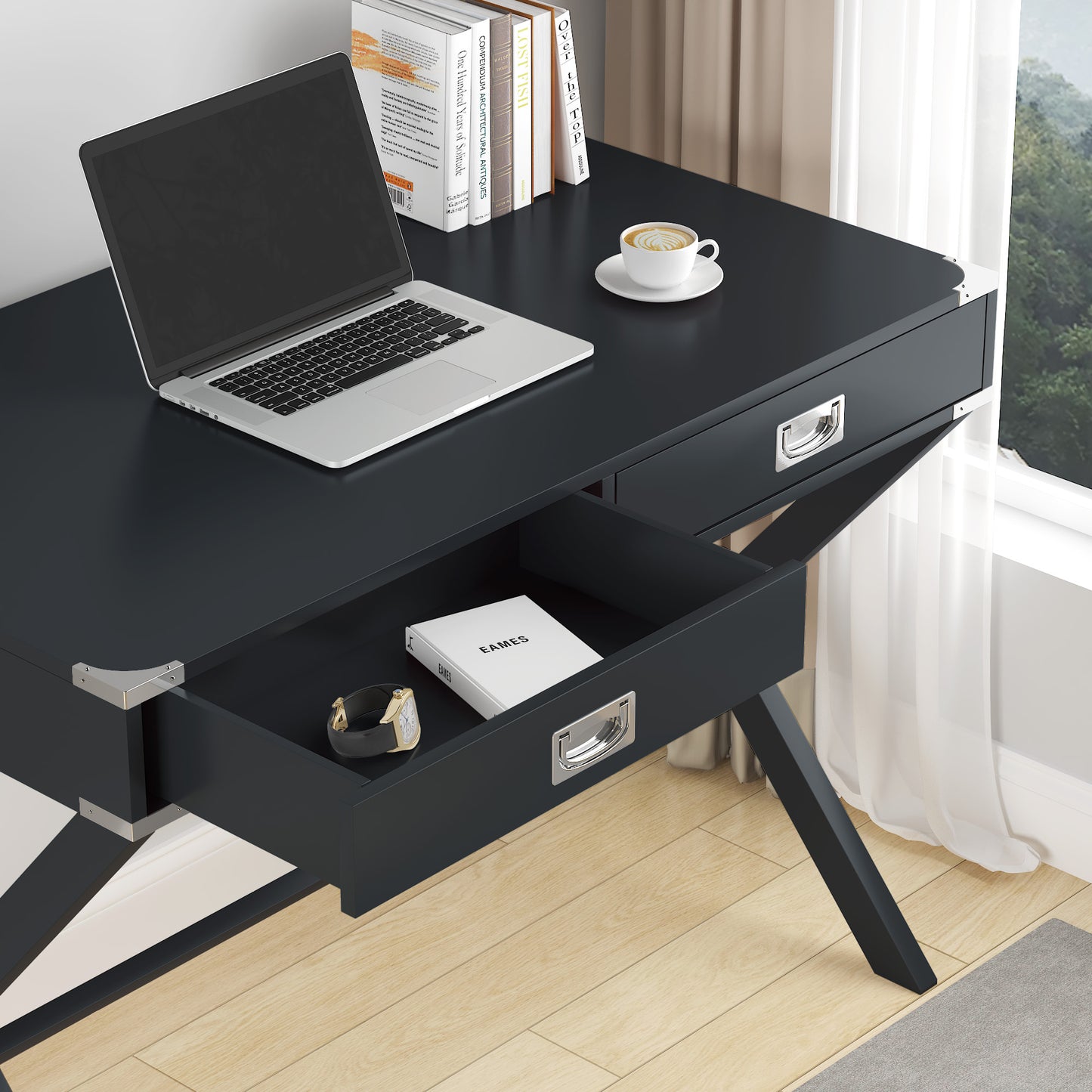 （缺货）Computer Desk with Storage, Solid Wood Desk with Drawers, Modern Study Table for Home Office,Small Writing