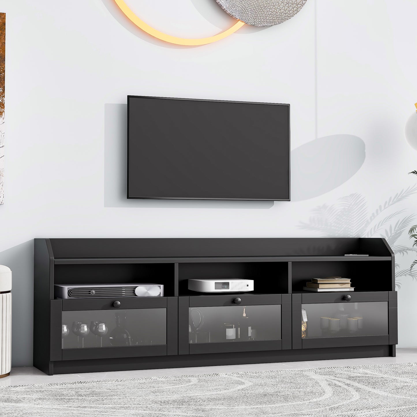 （缺货）ON-TREND Sleek & Modern Design TV Stand with Acrylic Board Door, Chic Elegant Media Console for TVs Up to 65", Ample Storage Space TV Cabinet with Black Handles, Black