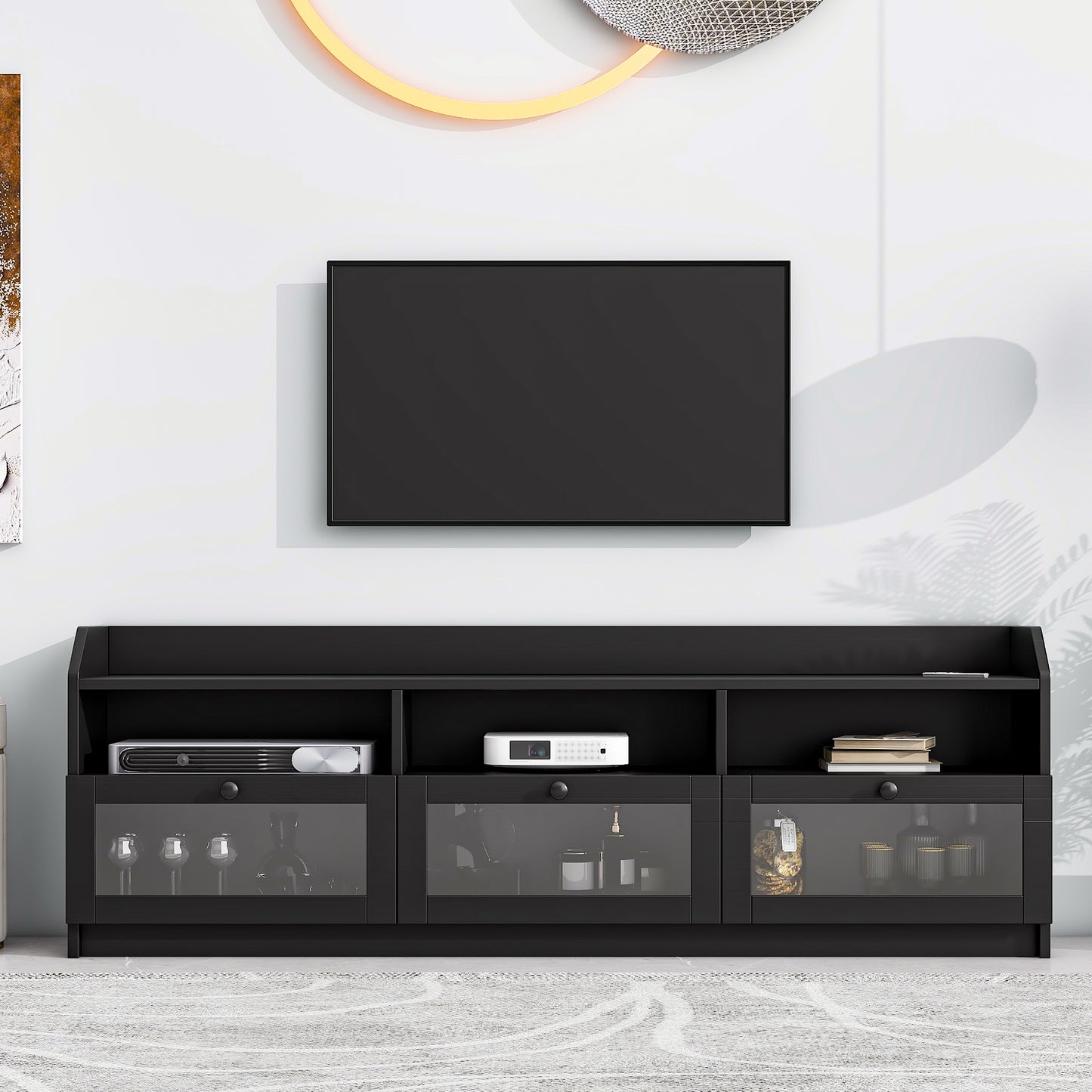 （缺货）ON-TREND Sleek & Modern Design TV Stand with Acrylic Board Door, Chic Elegant Media Console for TVs Up to 65", Ample Storage Space TV Cabinet with Black Handles, Black