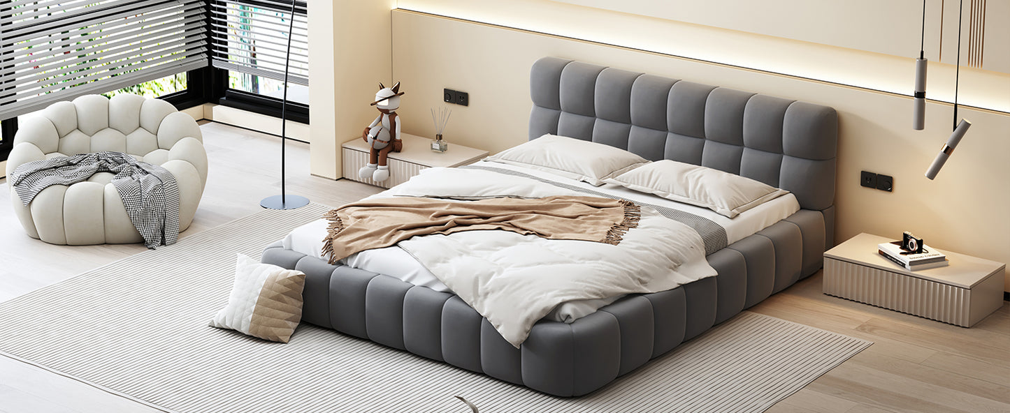 Queen Size Upholstered Platform Bed with Thick Fabric, Grounded Bed with Solid Frame, Gray