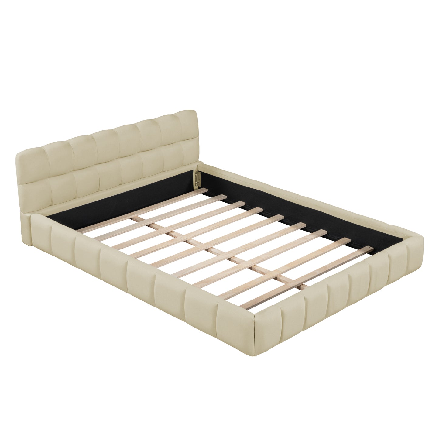 Queen Size Upholstered Platform Bed with Thick Fabric, Grounded Bed with Solid Frame, Beige