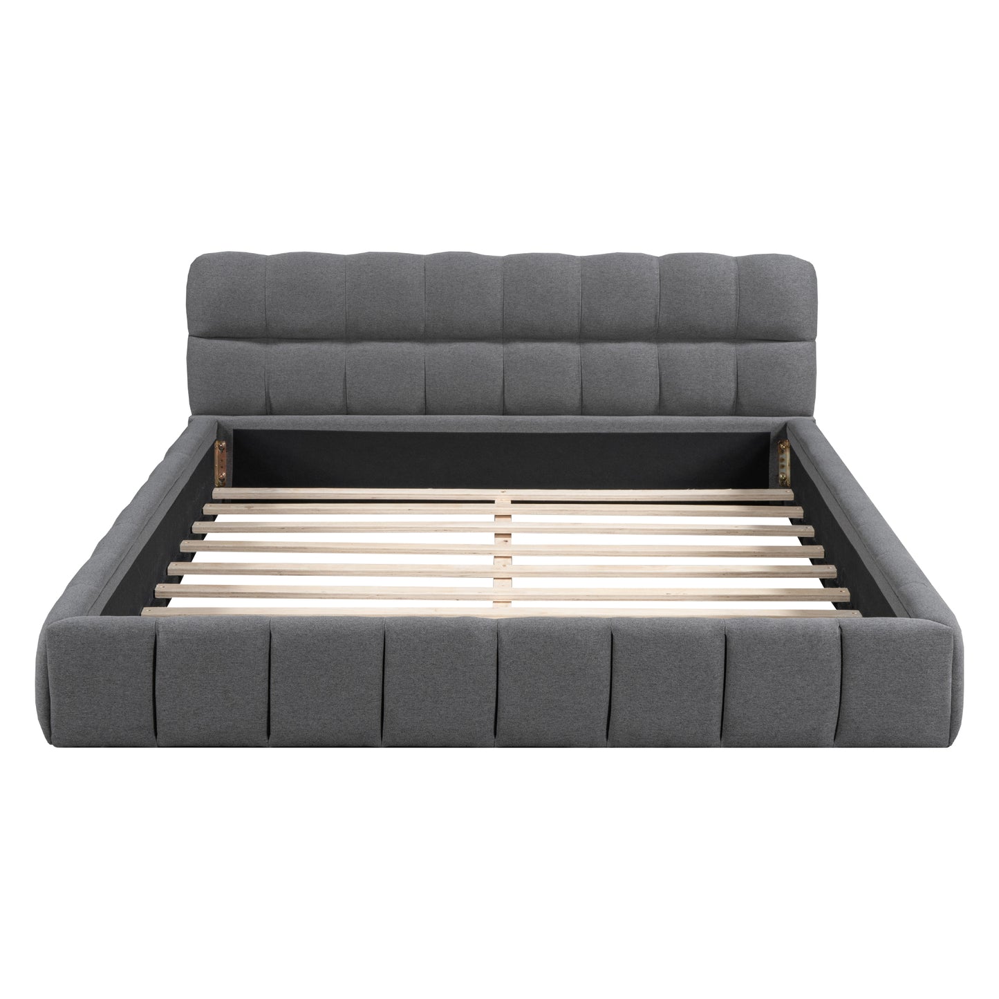 Queen Size Upholstered Platform Bed with Thick Fabric, Grounded Bed with Solid Frame, Gray