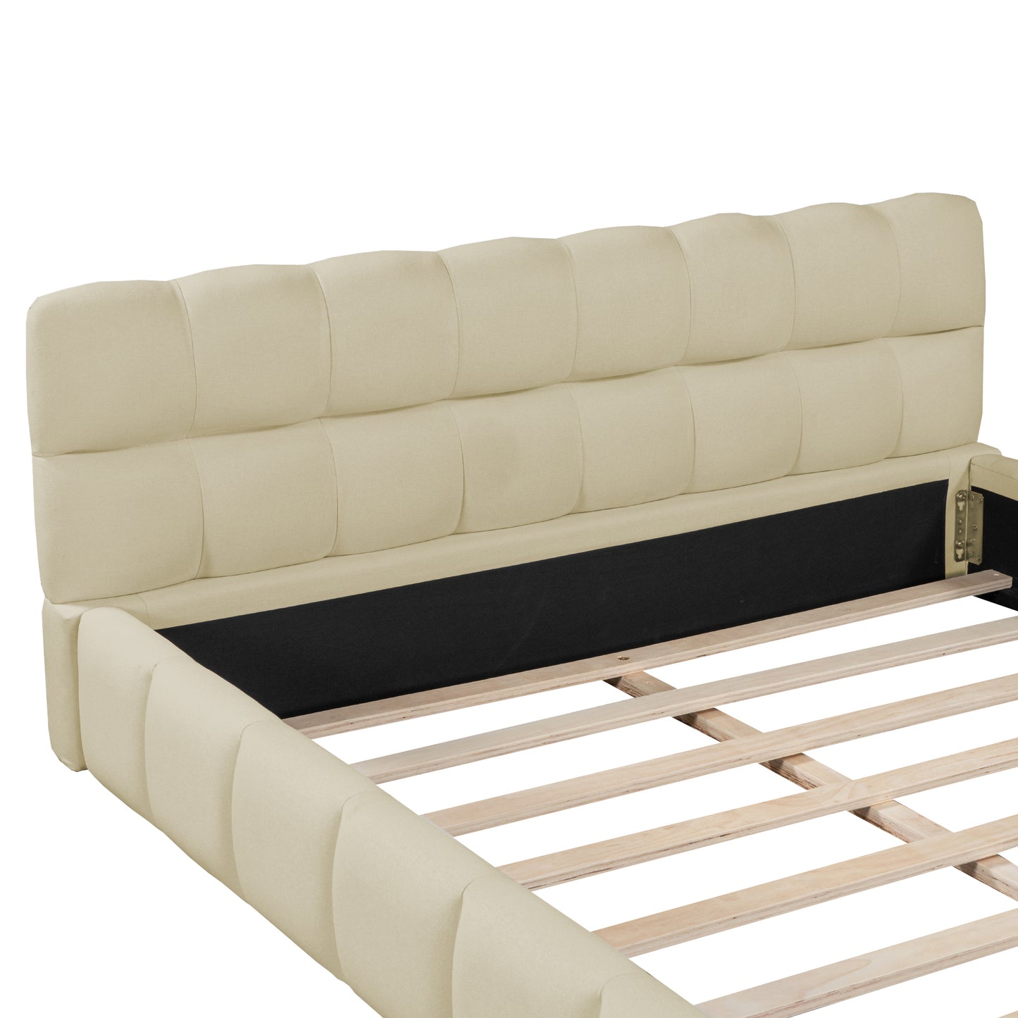 Queen Size Upholstered Platform Bed with Thick Fabric, Grounded Bed with Solid Frame, Beige