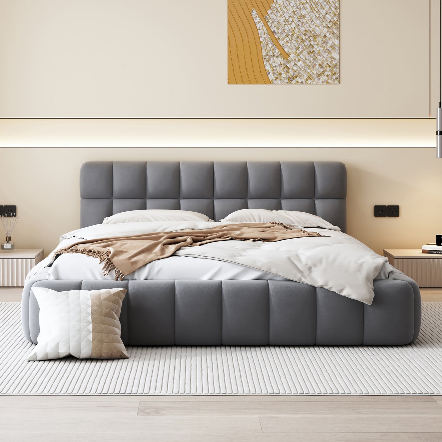 Queen Size Upholstered Platform Bed with Thick Fabric, Grounded Bed with Solid Frame, Gray