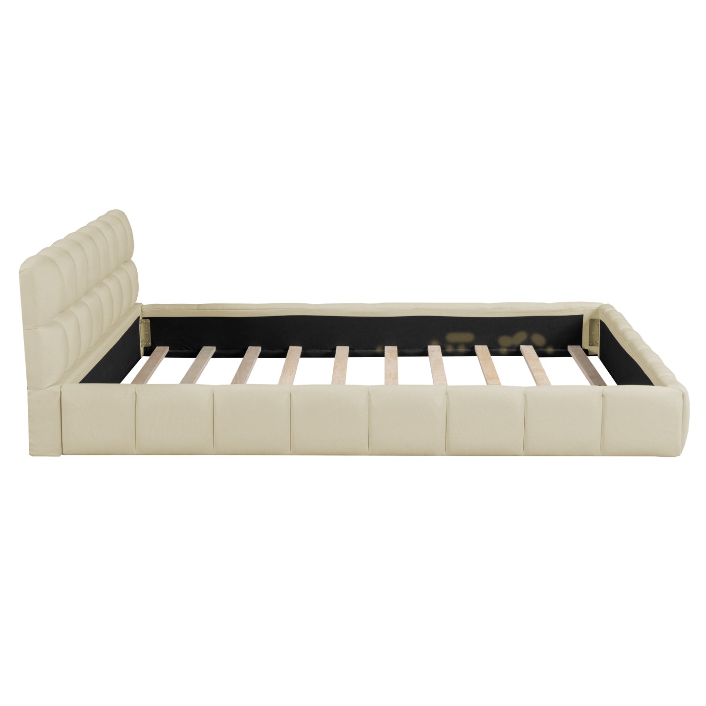 Queen Size Upholstered Platform Bed with Thick Fabric, Grounded Bed with Solid Frame, Beige