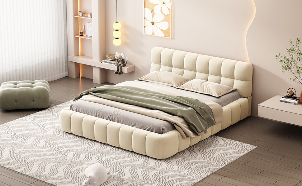 Queen Size Upholstered Platform Bed with Thick Fabric, Grounded Bed with Solid Frame, Beige