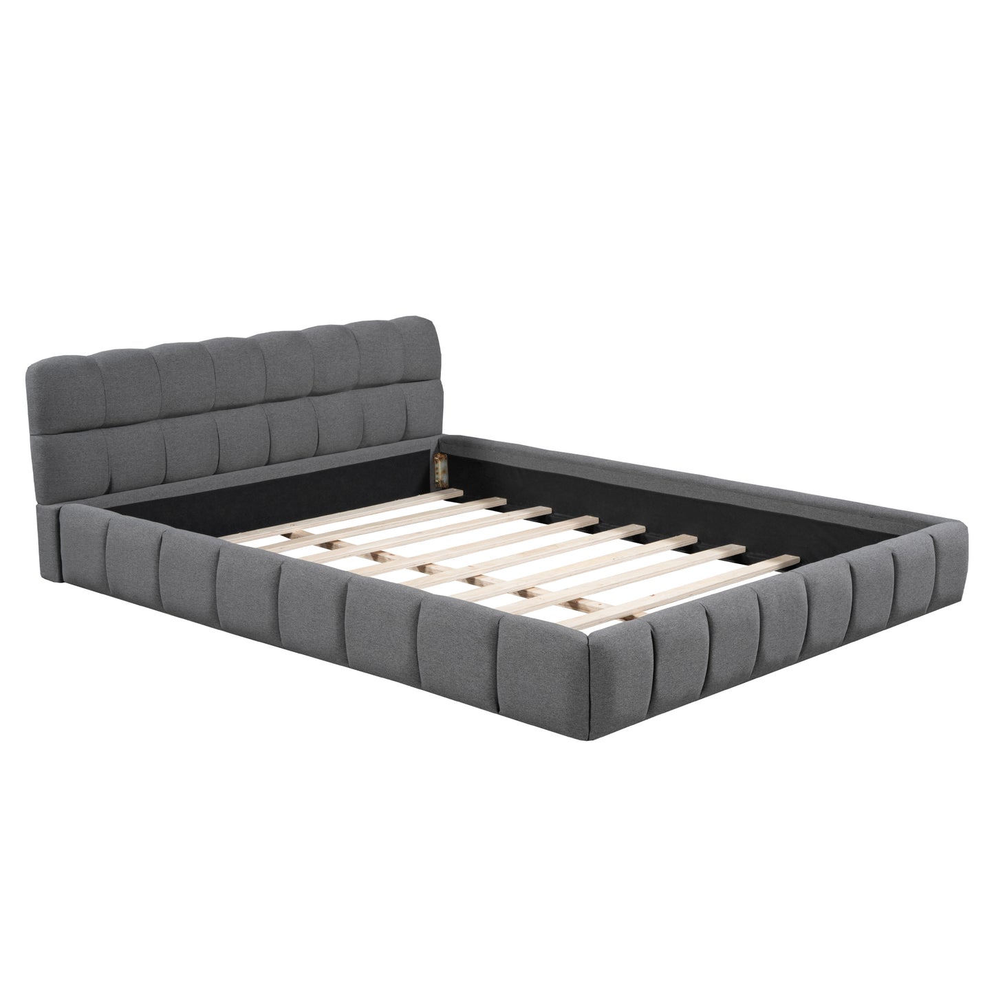 Queen Size Upholstered Platform Bed with Thick Fabric, Grounded Bed with Solid Frame, Gray