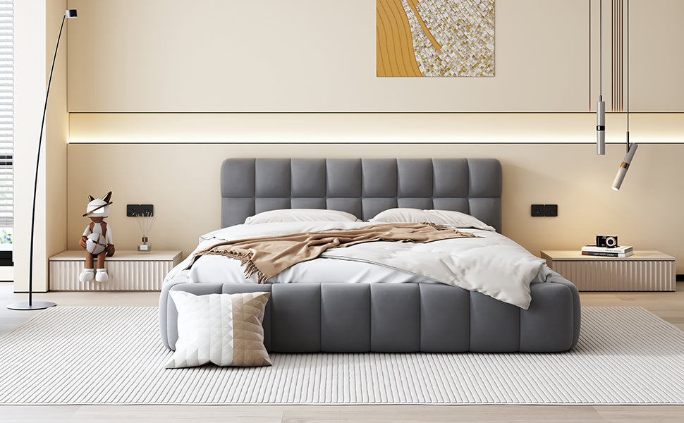 Queen Size Upholstered Platform Bed with Thick Fabric, Grounded Bed with Solid Frame, Gray