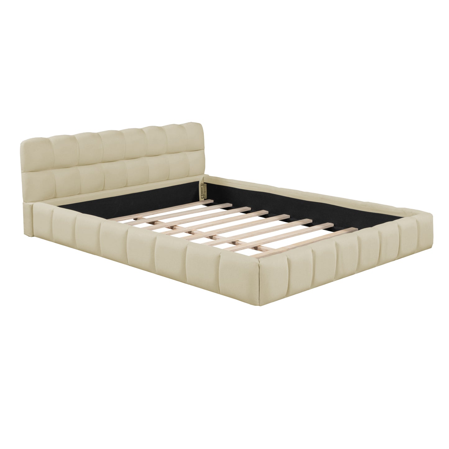 Queen Size Upholstered Platform Bed with Thick Fabric, Grounded Bed with Solid Frame, Beige