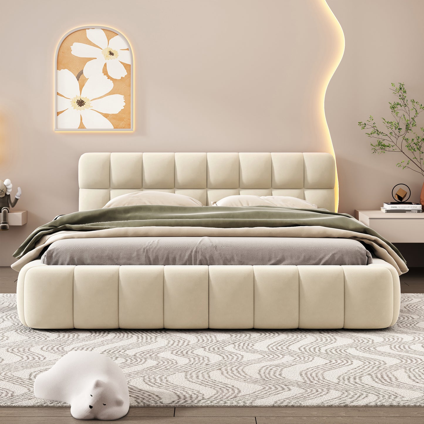 Queen Size Upholstered Platform Bed with Thick Fabric, Grounded Bed with Solid Frame, Beige