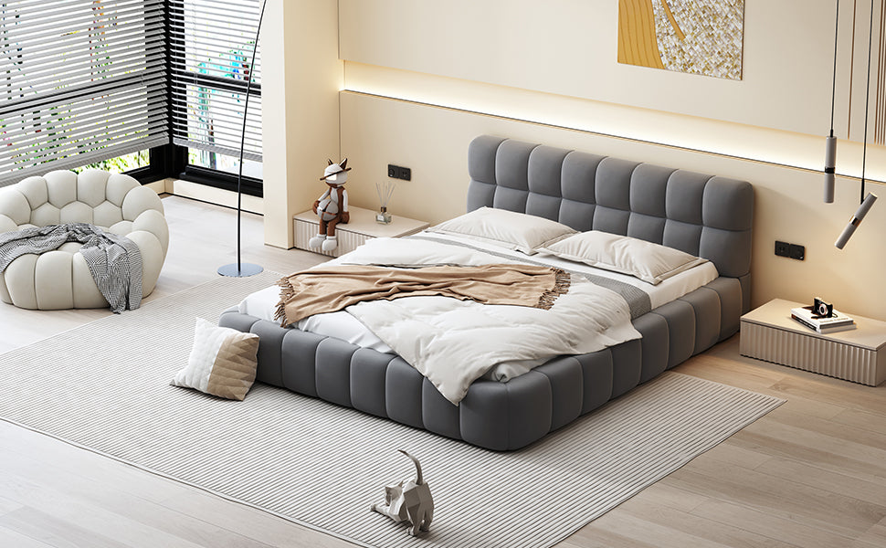 Queen Size Upholstered Platform Bed with Thick Fabric, Grounded Bed with Solid Frame, Gray