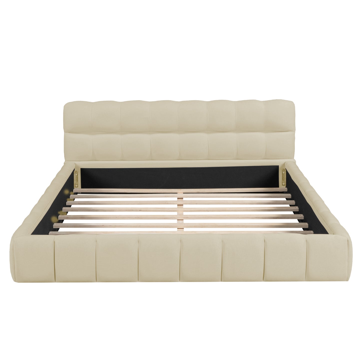 Queen Size Upholstered Platform Bed with Thick Fabric, Grounded Bed with Solid Frame, Beige