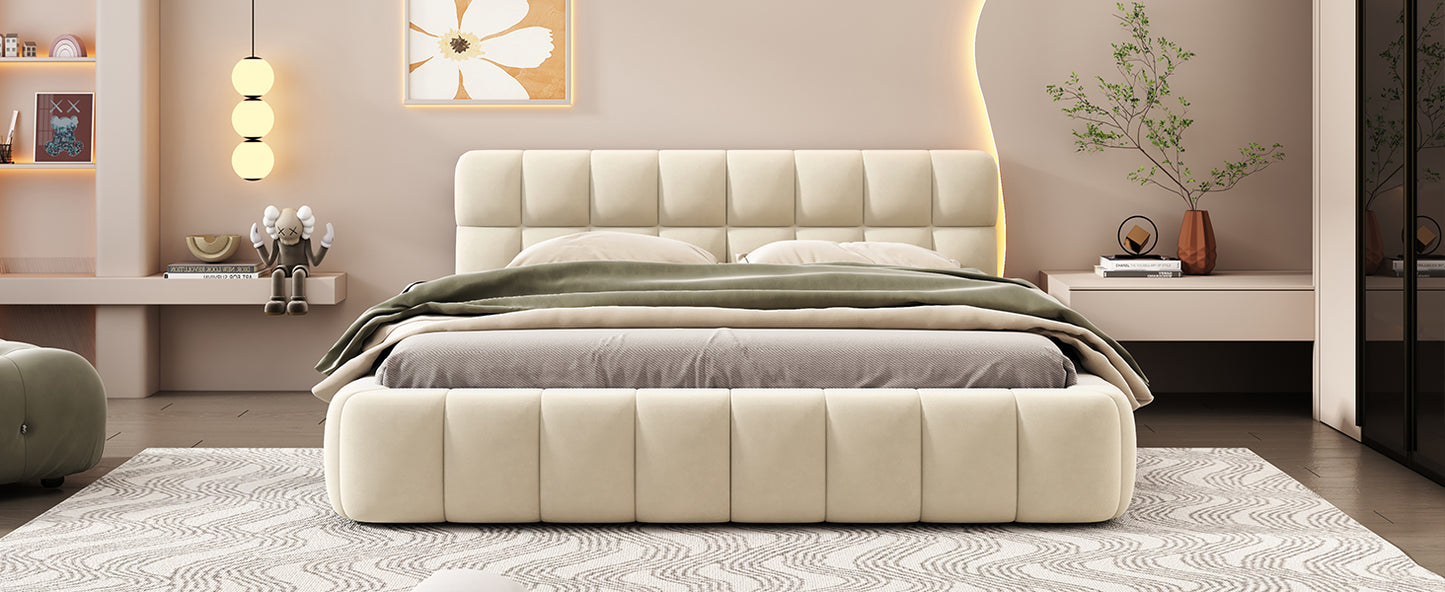 Queen Size Upholstered Platform Bed with Thick Fabric, Grounded Bed with Solid Frame, Beige