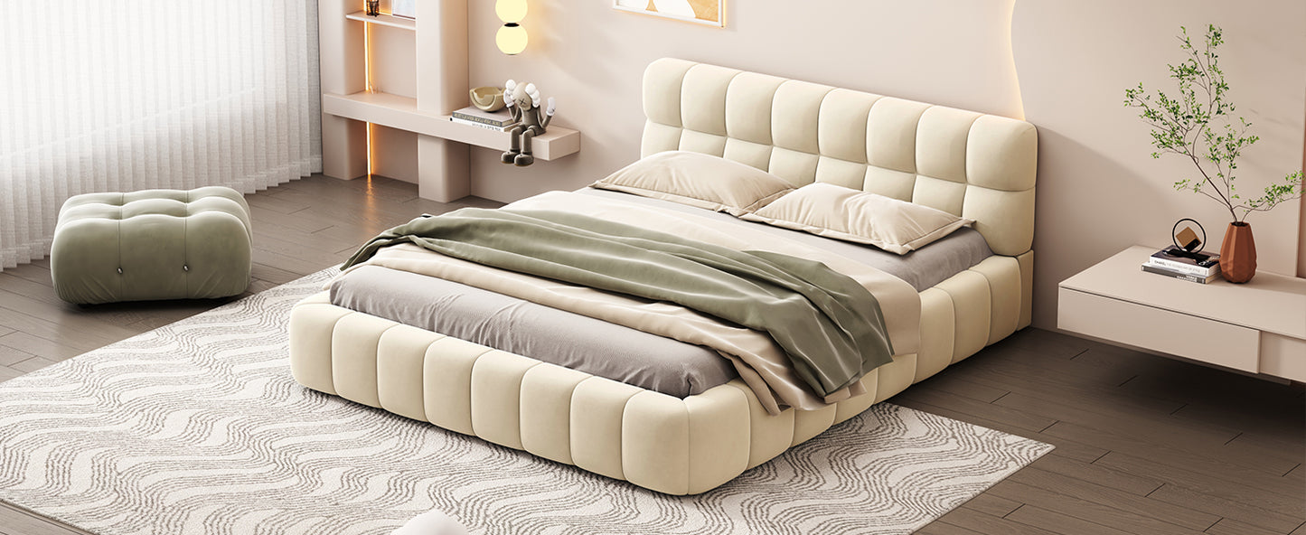 Queen Size Upholstered Platform Bed with Thick Fabric, Grounded Bed with Solid Frame, Beige