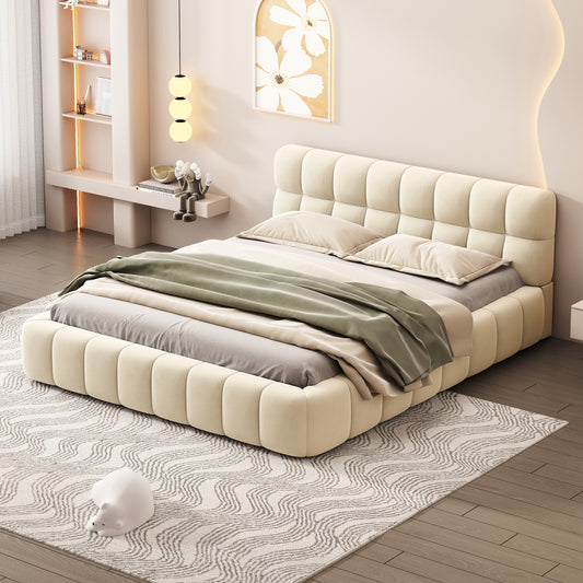 Queen Size Upholstered Platform Bed with Thick Fabric, Grounded Bed with Solid Frame, Beige