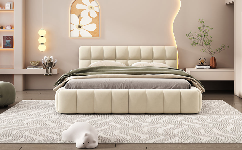 Queen Size Upholstered Platform Bed with Thick Fabric, Grounded Bed with Solid Frame, Beige