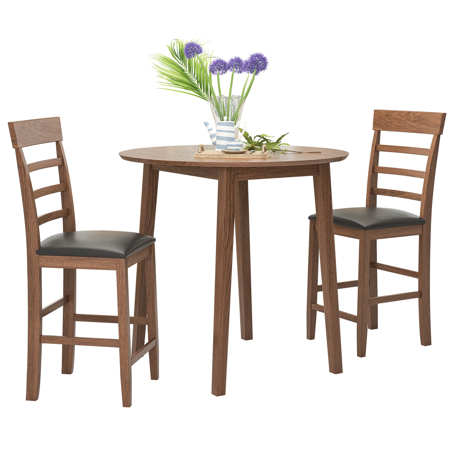 3PCS Retro Round Counter Height Drop-Leaf Table with 2 Upholstered Chairs Rubber wood Dining Table Set Pub Set with PU leather Cushion for Small Space Kitchen Walnut Color