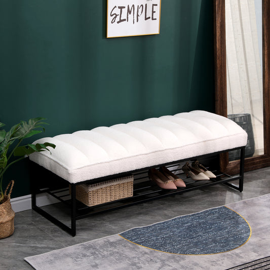 Channel Tufted Bench with Metal Shelf White Sherpa Upholstered Benches End of Bed Ottoman for Bedroom, Living Room, Entryway (White)