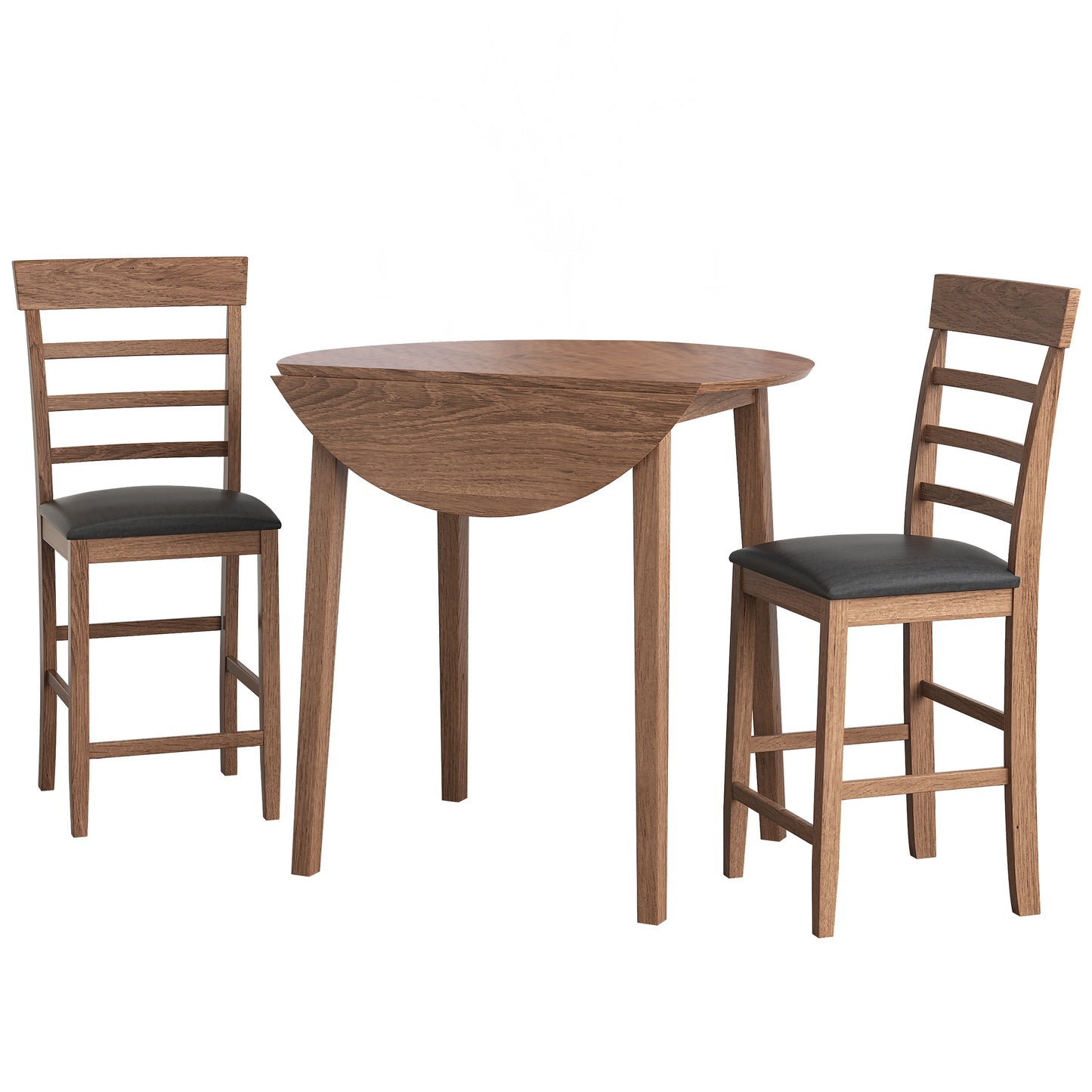 3PCS Retro Round Counter Height Drop-Leaf Table with 2 Upholstered Chairs Rubber wood Dining Table Set Pub Set with PU leather Cushion for Small Space Kitchen Walnut Color