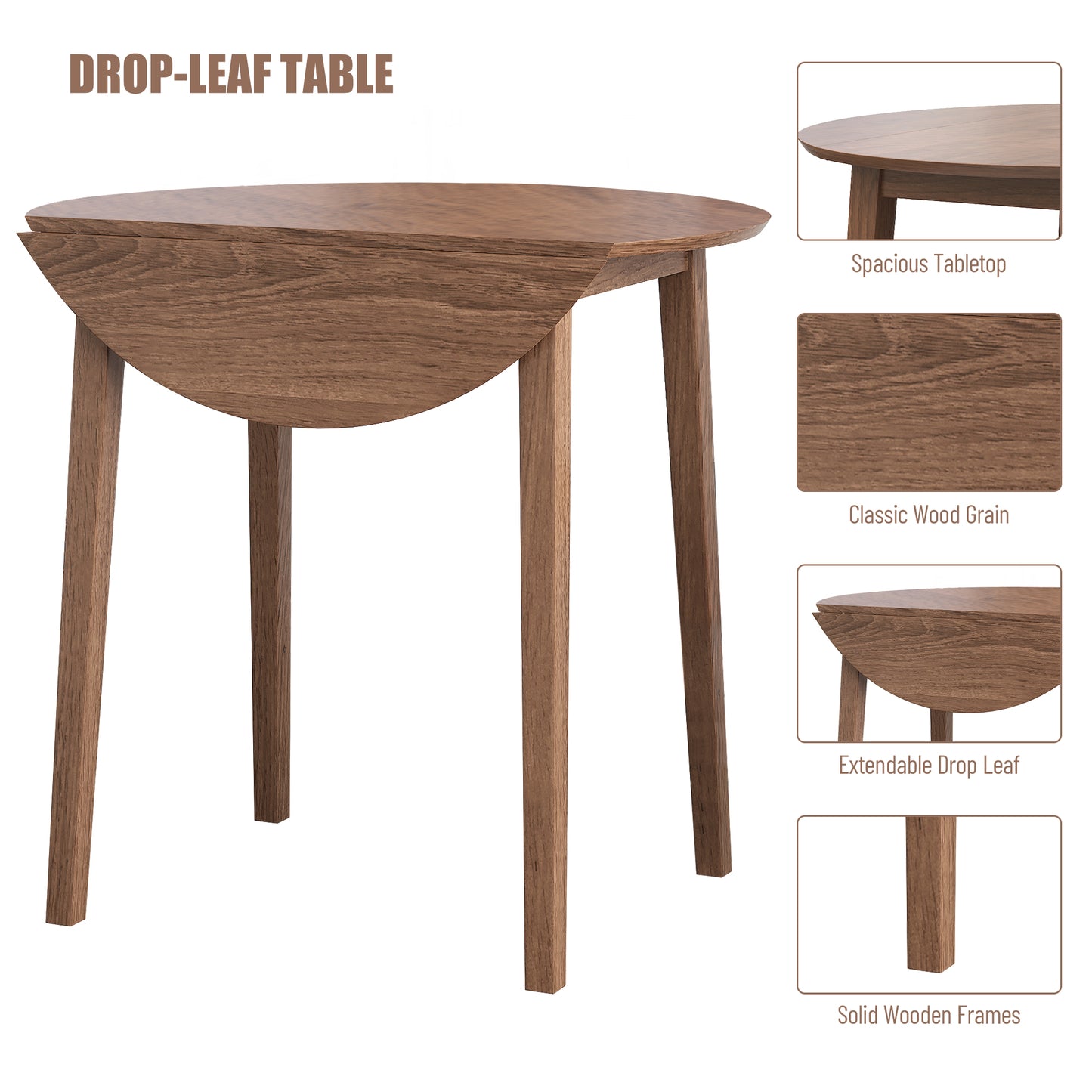 3PCS Retro Round Counter Height Drop-Leaf Table with 2 Upholstered Chairs Rubber wood Dining Table Set Pub Set with PU leather Cushion for Small Space Kitchen Walnut Color