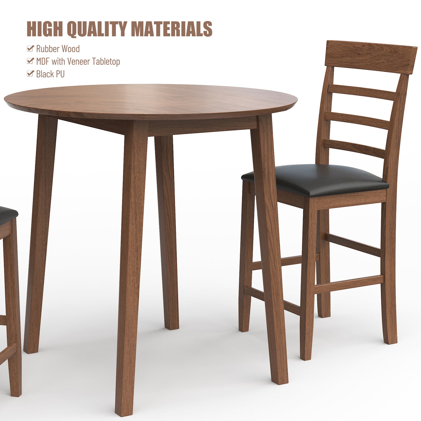 3PCS Retro Round Counter Height Drop-Leaf Table with 2 Upholstered Chairs Rubber wood Dining Table Set Pub Set with PU leather Cushion for Small Space Kitchen Walnut Color