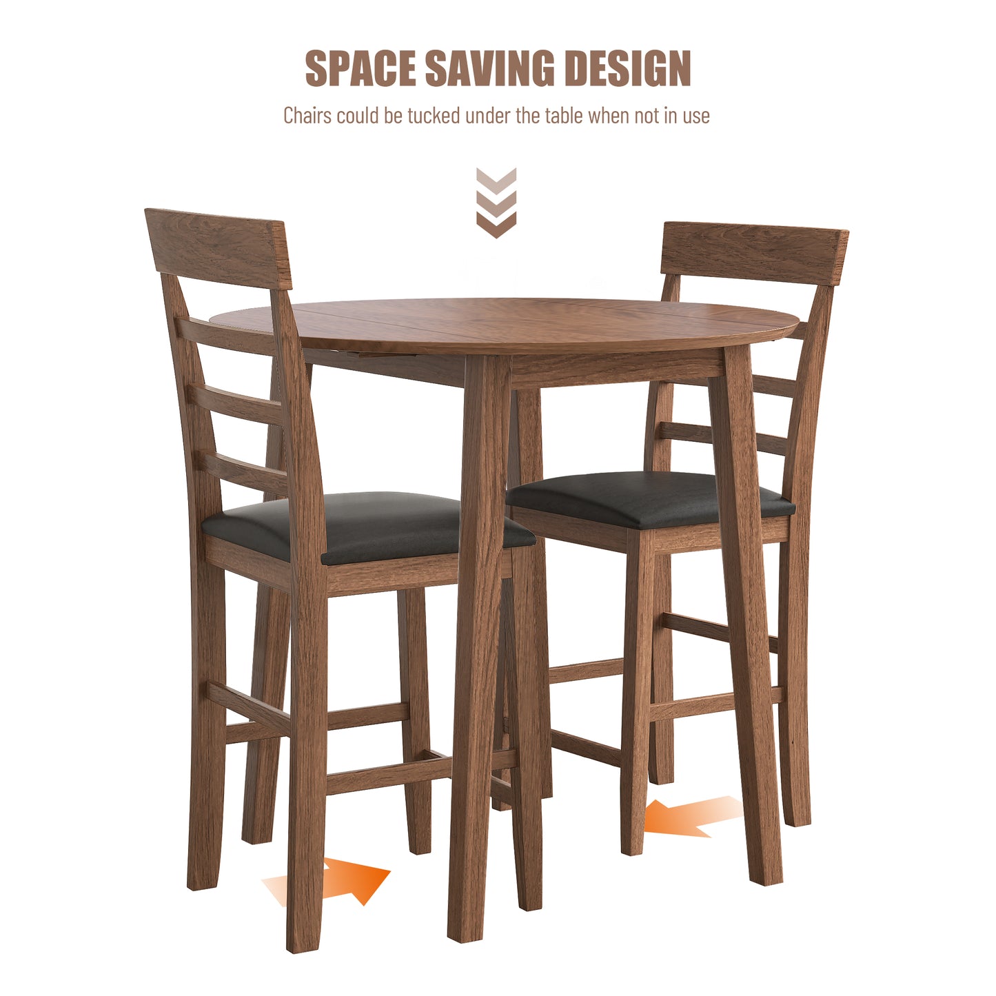 3PCS Retro Round Counter Height Drop-Leaf Table with 2 Upholstered Chairs Rubber wood Dining Table Set Pub Set with PU leather Cushion for Small Space Kitchen Walnut Color