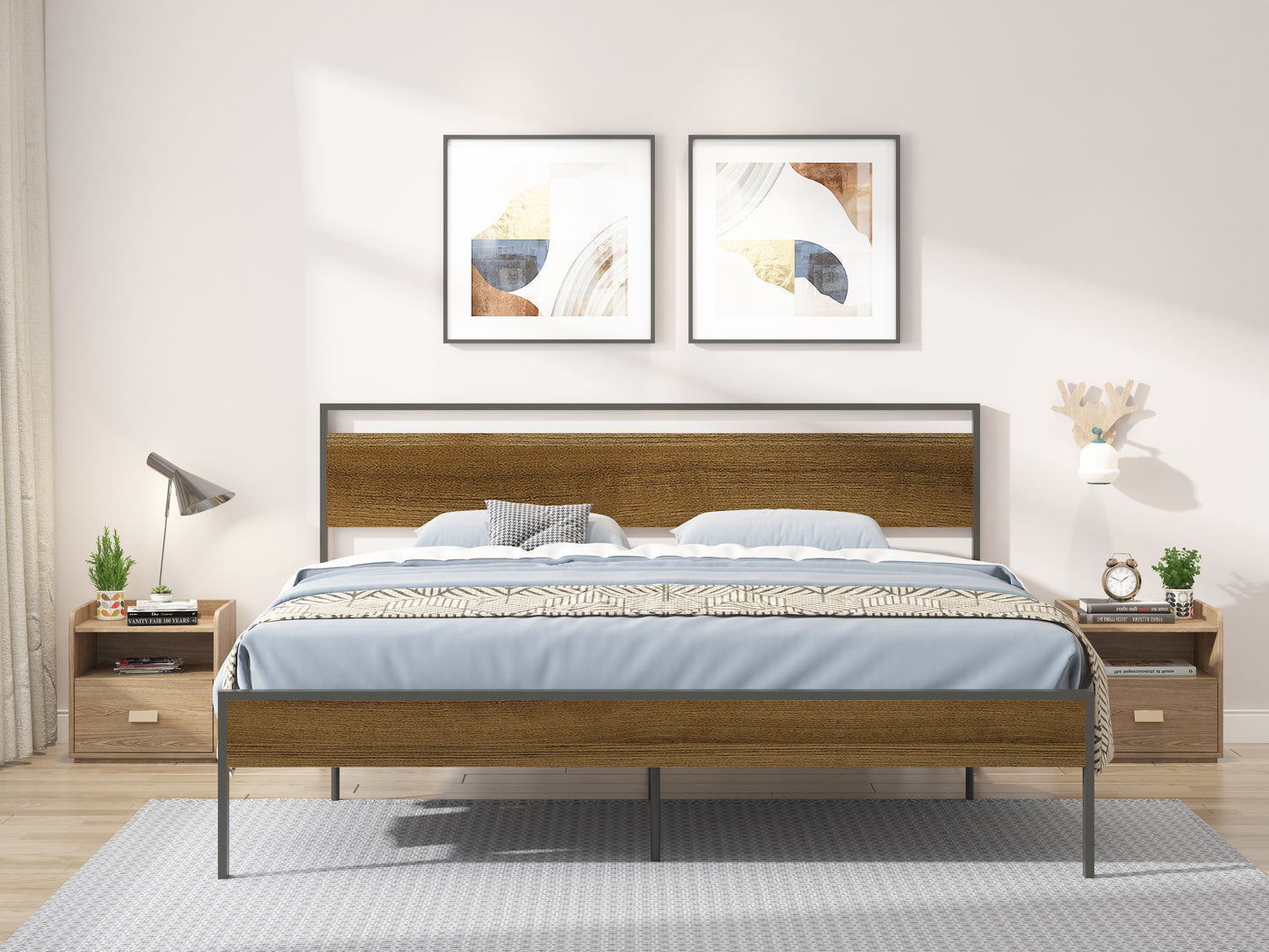 Ceres Metal Bed, Black with Cinnamon Wood Headboard&Footboard, King