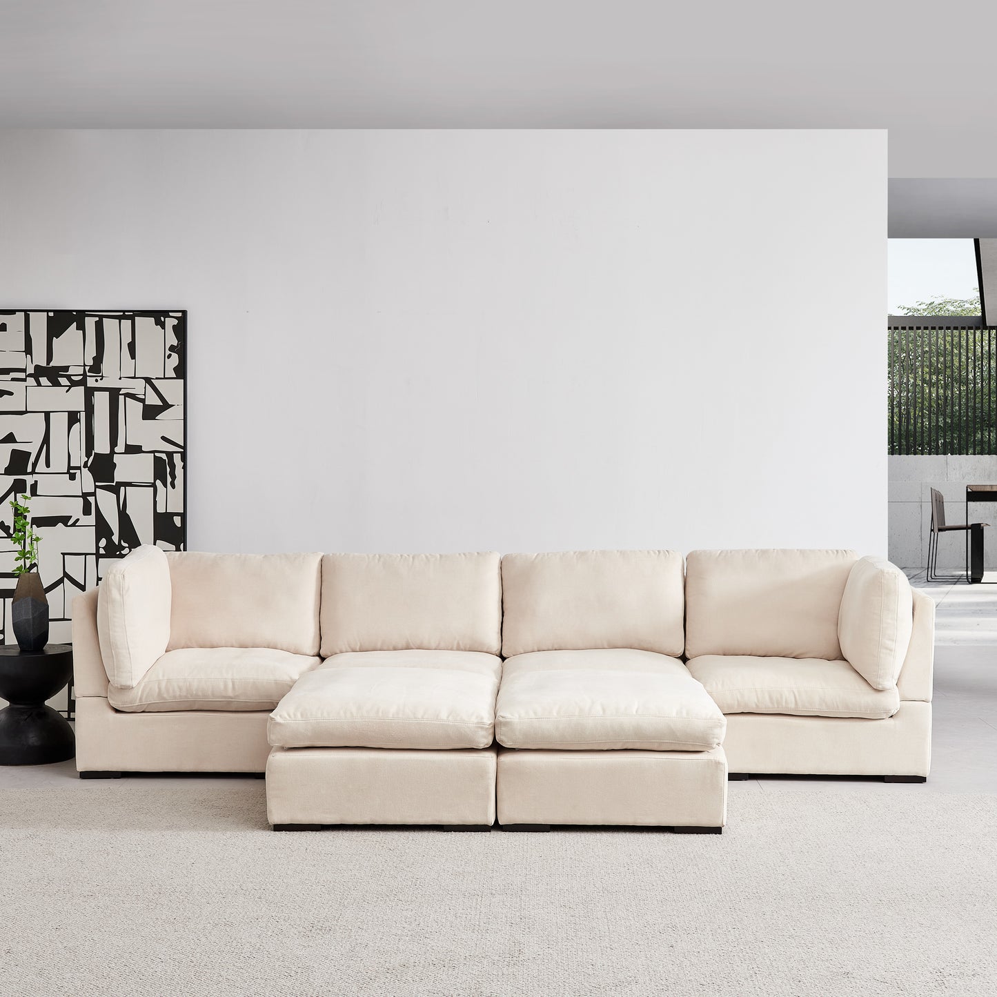 Modular Sofa with Ottoman,Filled with Down ,Soft Linen Fabric,Beige