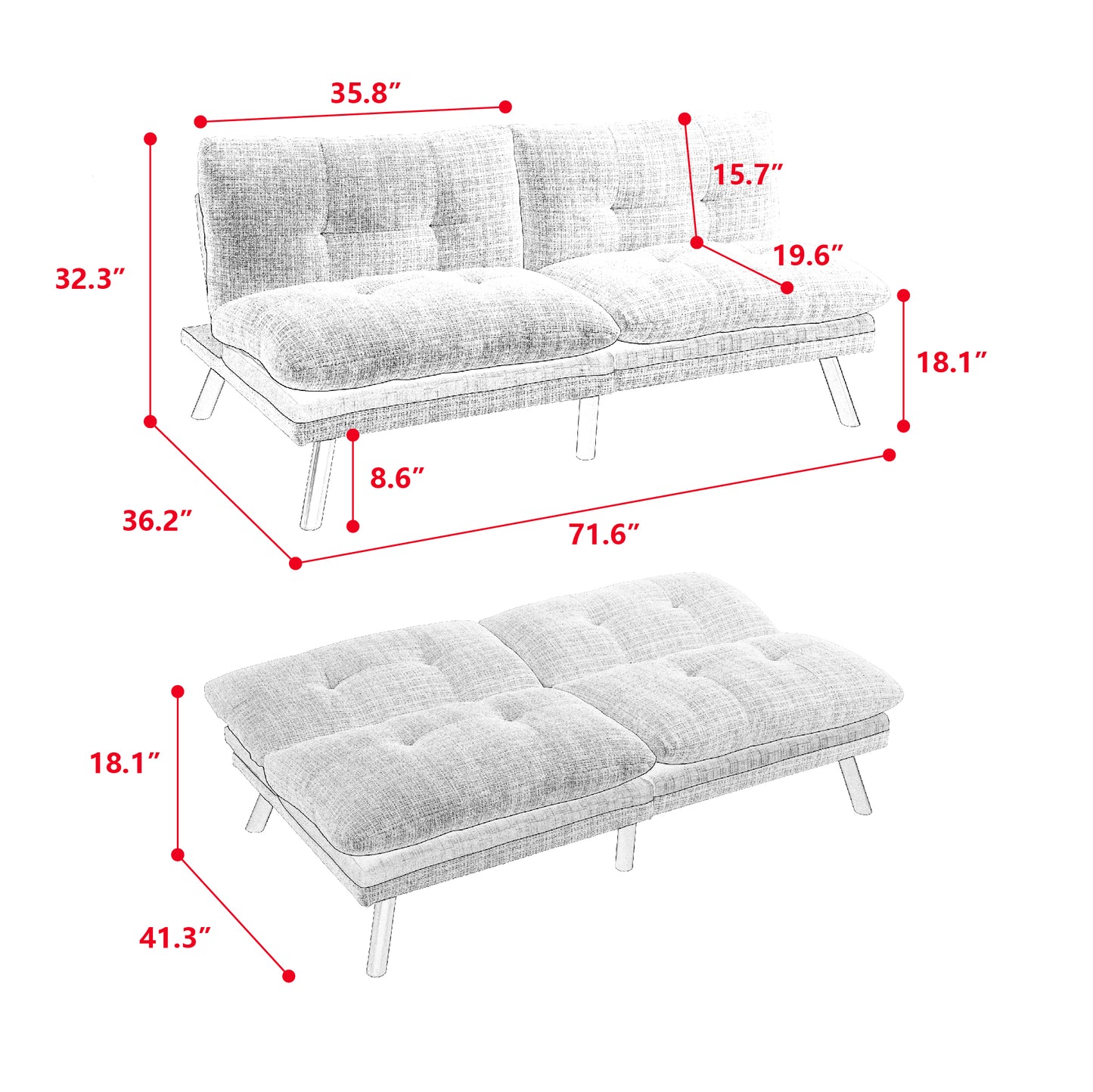 （缺货）Convertible Sofa Bed Loveseat Futon Bed Breathable Adjustable Lounge Couch with Metal Legs,Futon Sets for Compact Living Space Chenille-Creamy white