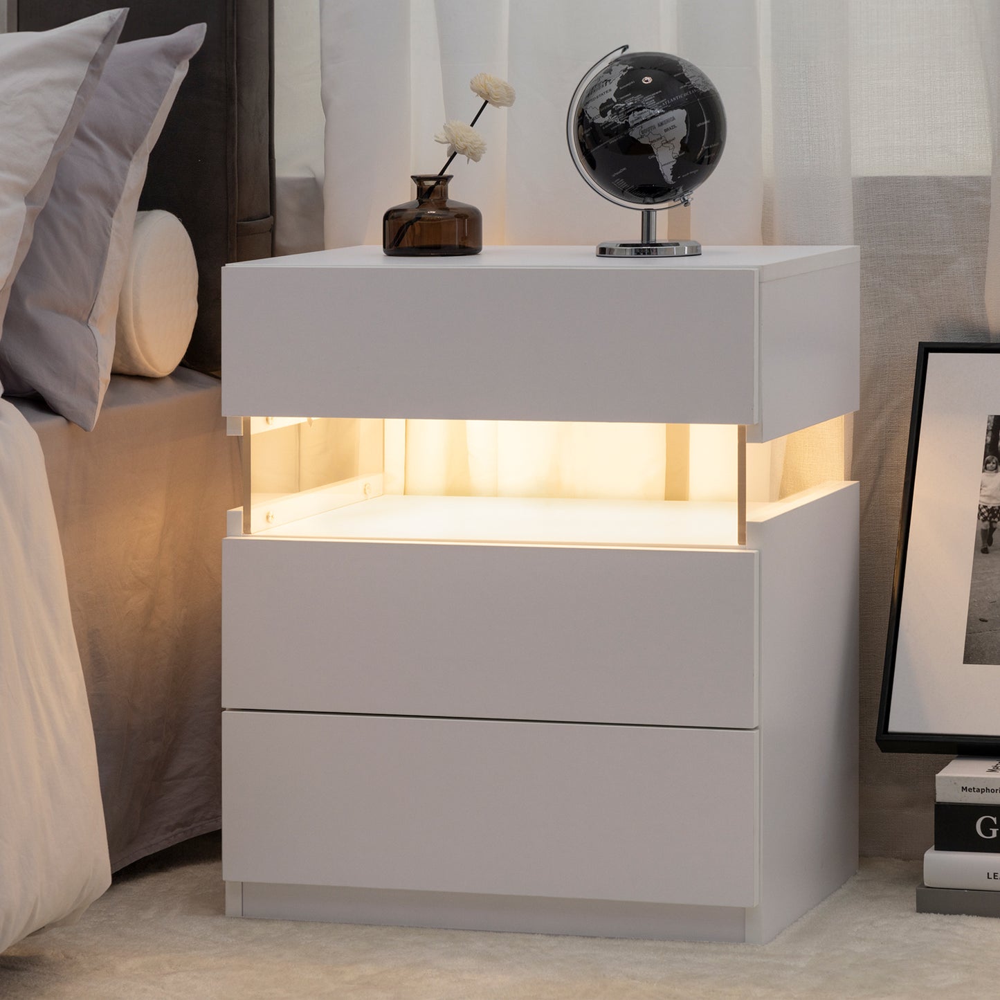 LED Nightstands 3 Drawer Dresser for Bedroom End Table with Acrylic Board LED Bedside Tables for Bedroom Living Room Bedside Furniture (White)